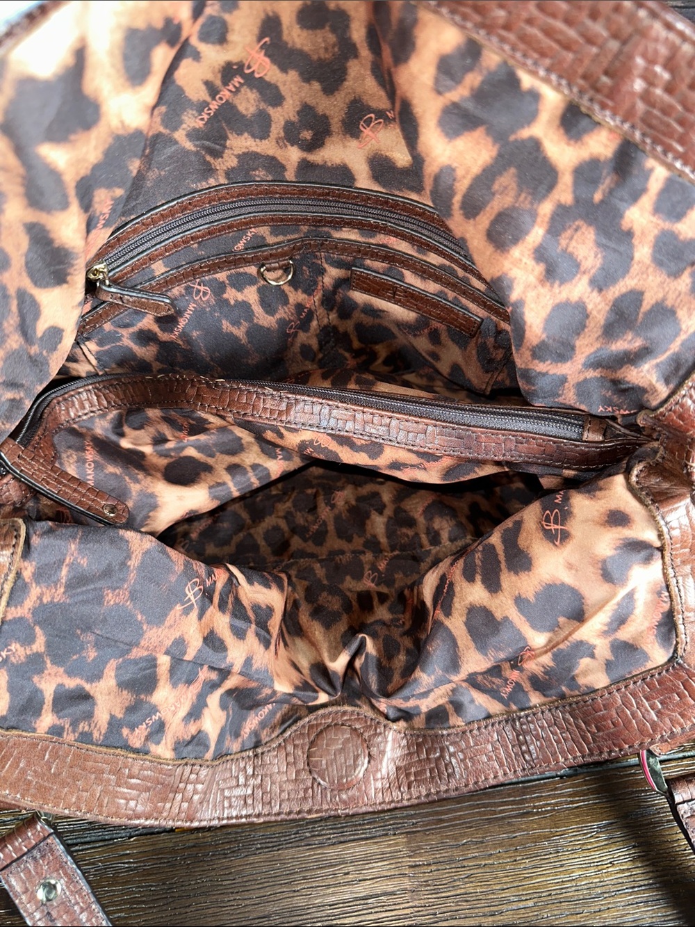B. Makowsky brown leather shoulder bag with a textured, woven embossed pattern. - Picture 7 of 10